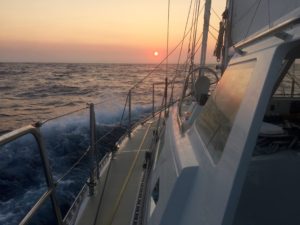 Our modified course put us beating into the wind and waves - in the night they ranged from 3-7', but were closely spaced, so Allora worked hard to keep moving along.